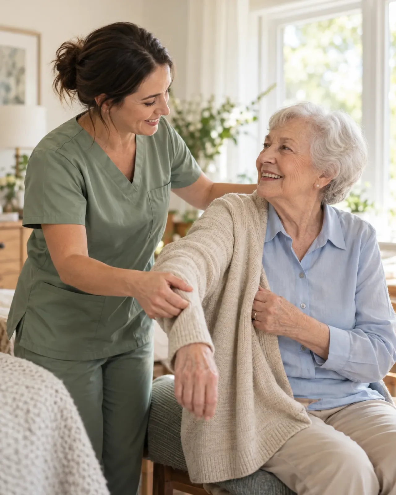 Caregiver helping an older adult get ready